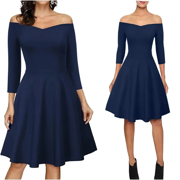 Grace Karin | Dresses | Grace Karin 34 Sleeve Off Shoulder Pleated Fit  Flare Aline Dress Navy Small | Poshmark